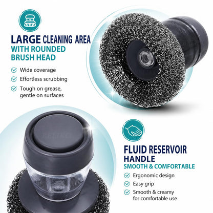 2-in-1 Liquid Soap Dispensing Dish Scrubber Brush – Refillable Soap Dispenser with Reusable Cleaning Scrubber