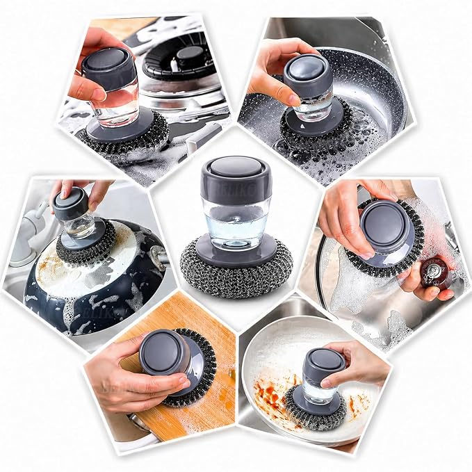 2-in-1 Liquid Soap Dispensing Dish Scrubber Brush – Refillable Soap Dispenser with Reusable Cleaning Scrubber