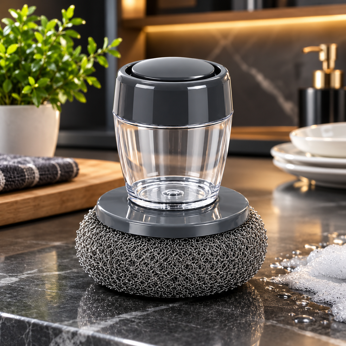 2-in-1 Liquid Soap Dispensing Dish Scrubber Brush – Refillable Soap Dispenser with Reusable Cleaning Scrubber