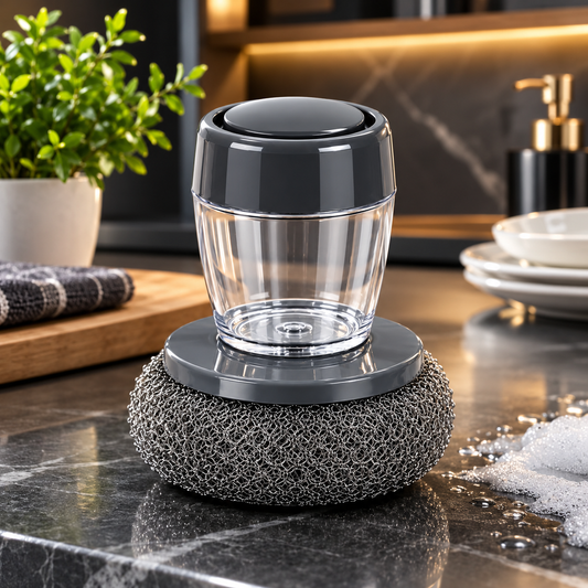 2-in-1 Liquid Soap Dispensing Dish Scrubber Brush – Refillable Soap Dispenser with Reusable Cleaning Scrubber