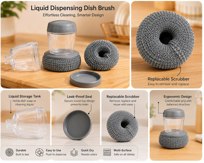 2-in-1 Liquid Soap Dispensing Dish Scrubber Brush – Refillable Soap Dispenser with Reusable Cleaning Scrubber