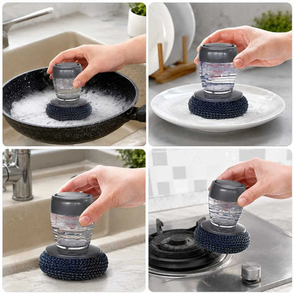 2-in-1 Liquid Soap Dispensing Dish Scrubber Brush – Refillable Soap Dispenser with Reusable Cleaning Scrubber