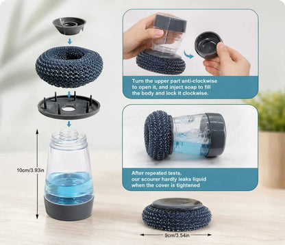 2-in-1 Liquid Soap Dispensing Dish Scrubber Brush – Refillable Soap Dispenser with Reusable Cleaning Scrubber