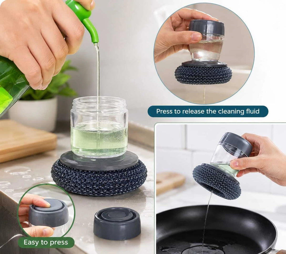2-in-1 Liquid Soap Dispensing Dish Scrubber Brush – Refillable Soap Dispenser with Reusable Cleaning Scrubber