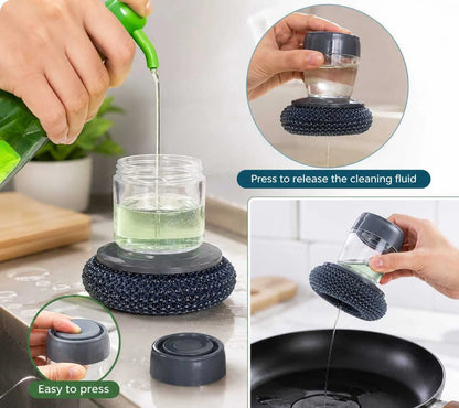 2-in-1 Liquid Soap Dispensing Dish Scrubber Brush – Refillable Soap Dispenser with Reusable Cleaning Scrubber